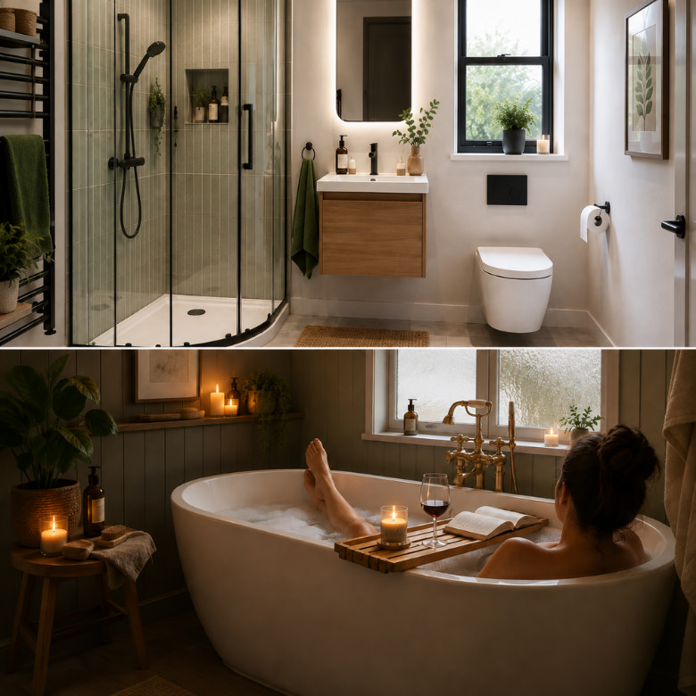 Bathroom comparison showing a compact corner shower and a freestanding bath, highlighting space and relaxation considerations