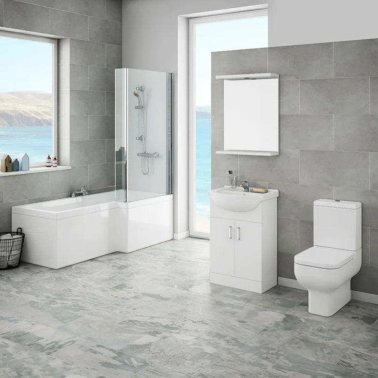 modern cove bathroom suite with white gloss furniture