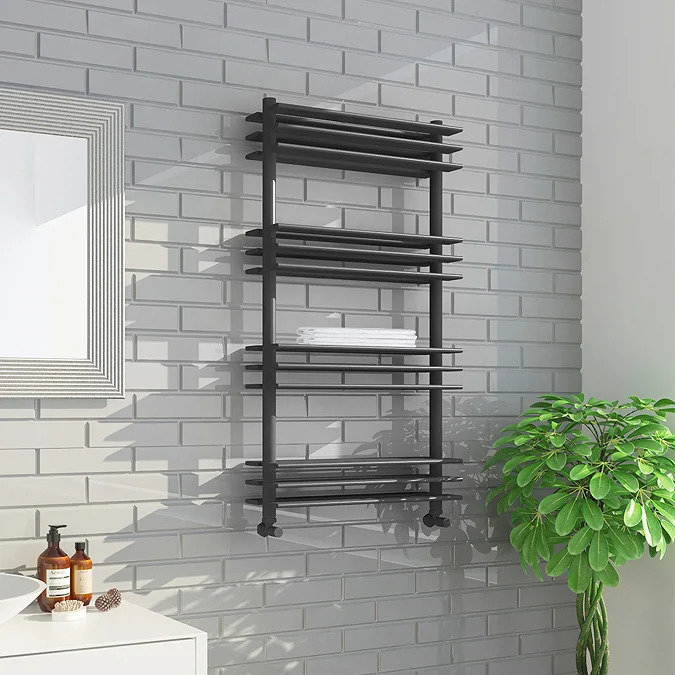 dark grey anthracite shelf towel rail on white tiles