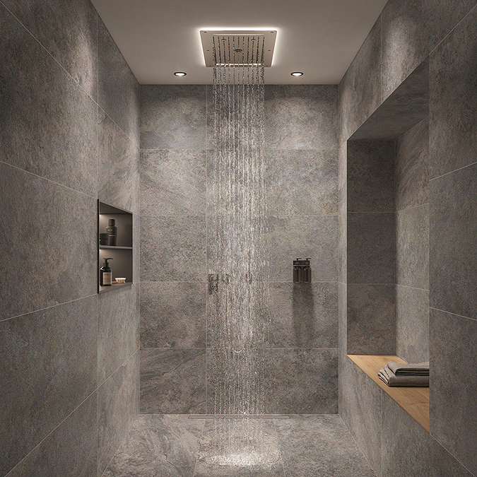 anthracite natural stone tiles waterfall shower