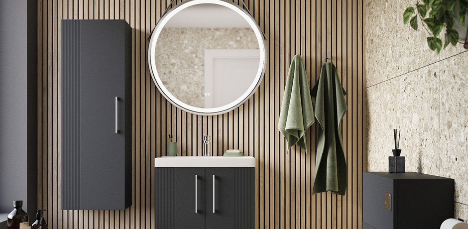 anthracite cabinet and vanity against natural wood wall