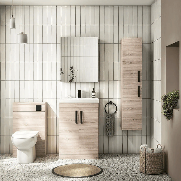 Wood effect bathroom furniture with white tiles