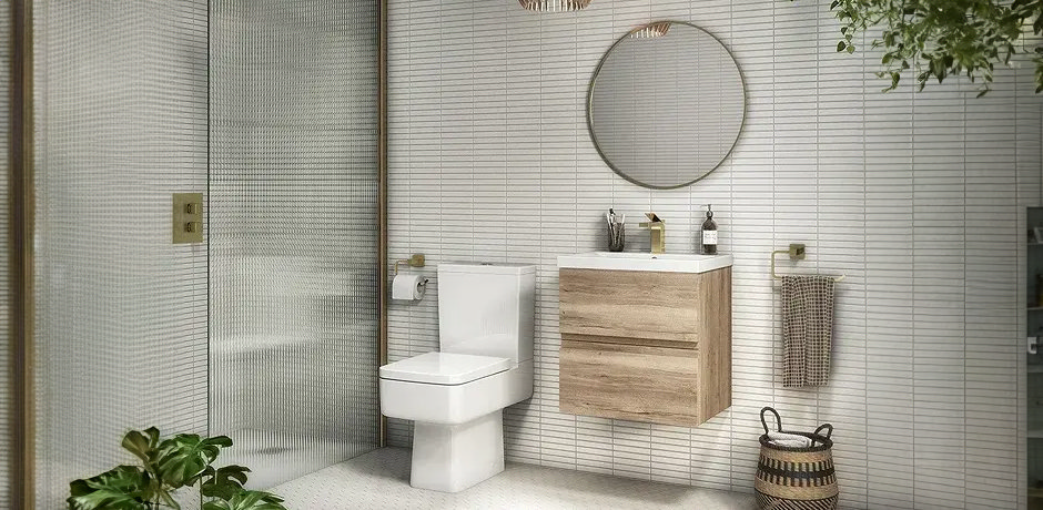 Neutral bathroom with wooden vanity and gold accents