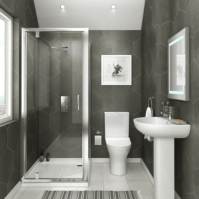 Small en suite with grey hexagonal tiles