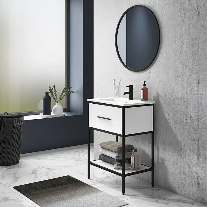 Black and white vanity unit in grey bathroom