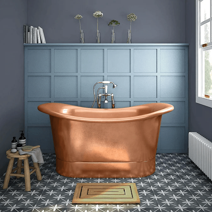 Copper bath with blue wall