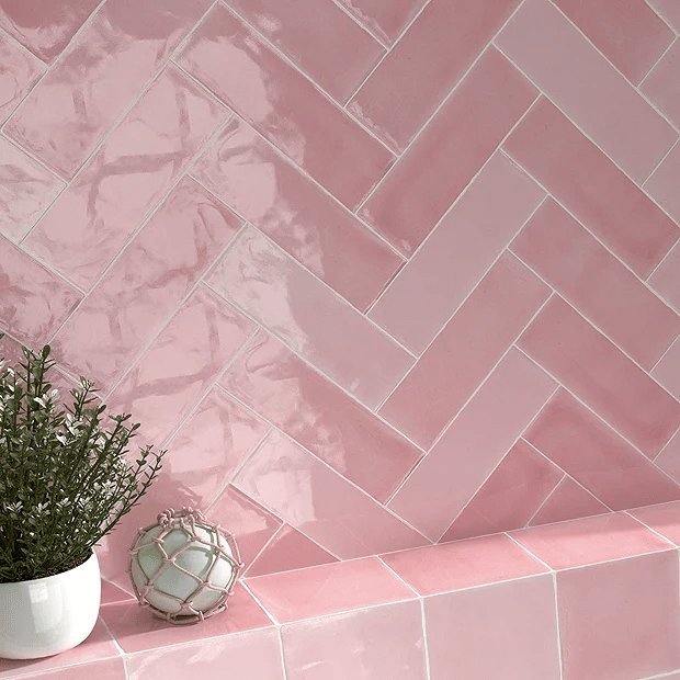 Pink wall tiles and a plant