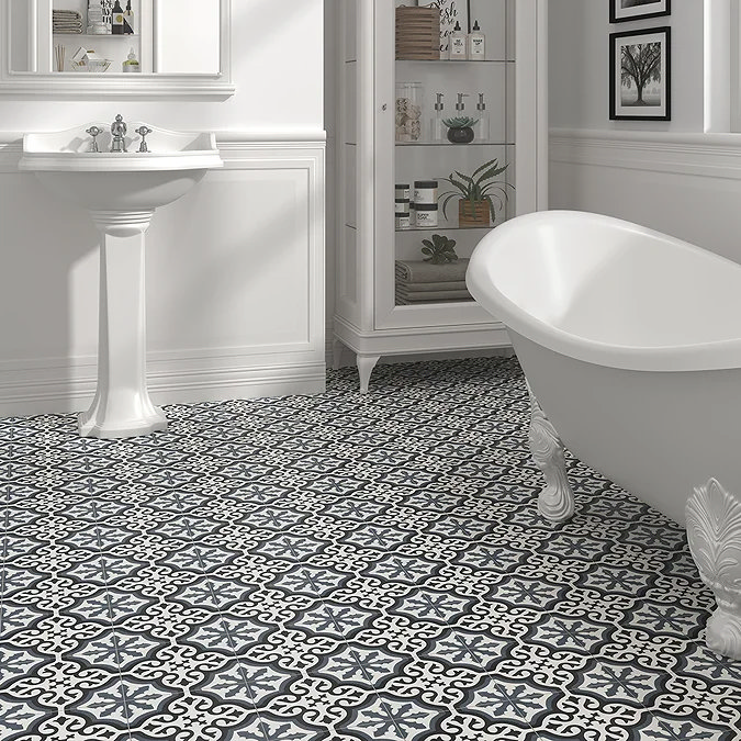 Black and white tiles in traditional bathroom