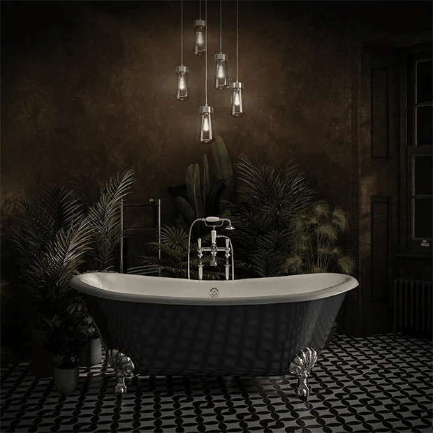 Dark room with bath and plants with hanging lights