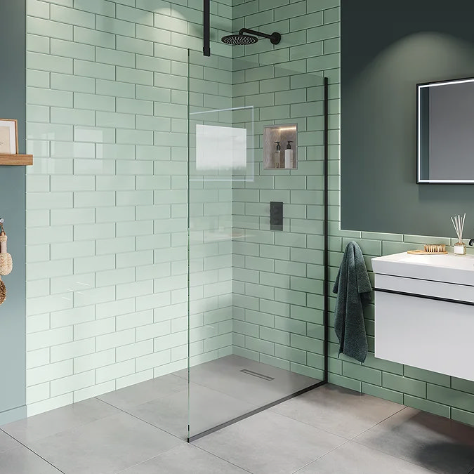 Walk in shower with mint tiles