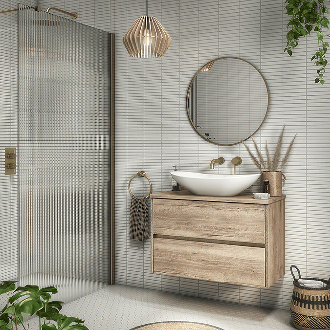 Wooden vanity unit with white kitkat tiles and fluted shower screen