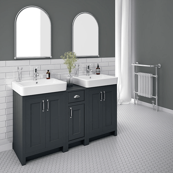 Grey double vanity unit with white subway tiles