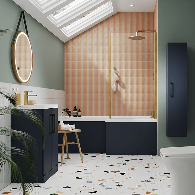 Navy bathroom furniture with orange tiles