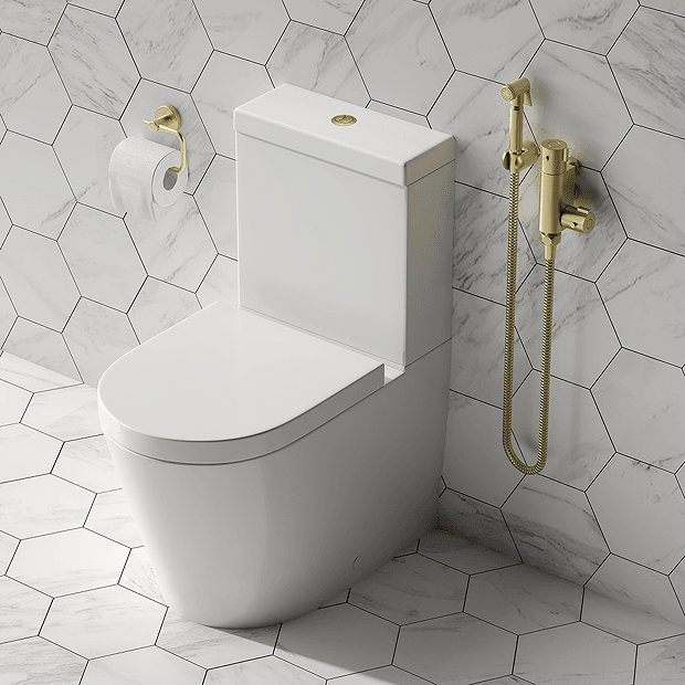White short projection toilet with brass douche kit and toilet roll