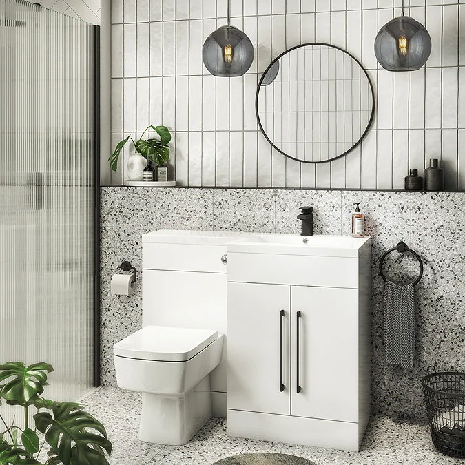 White combination unit with terrazzo tiles