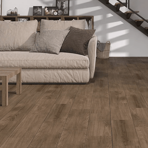 Wood effect floor tiles with brown sofa