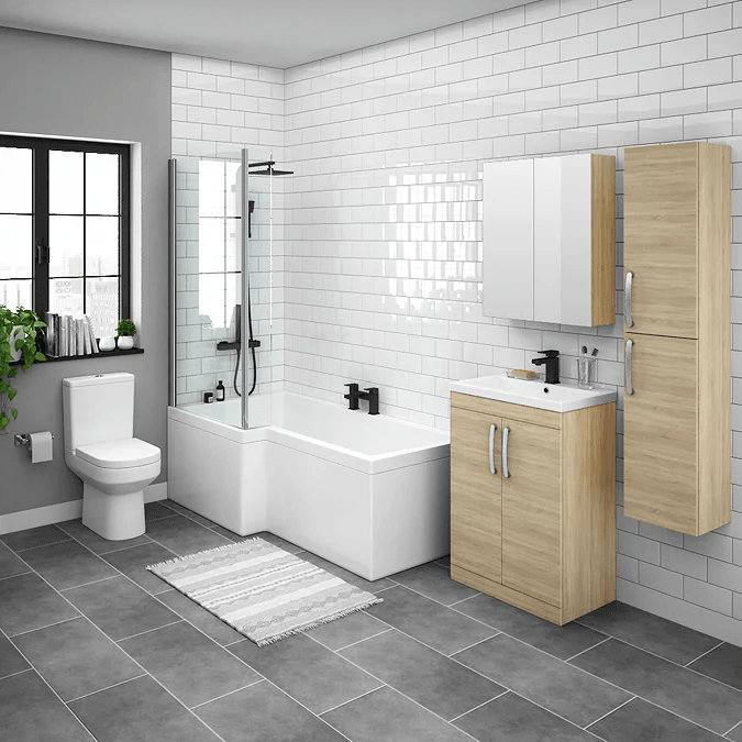 Grey and white bathroom with wood effect furniture