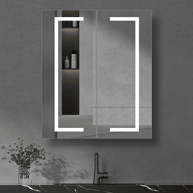 Light up mirror on grey wall