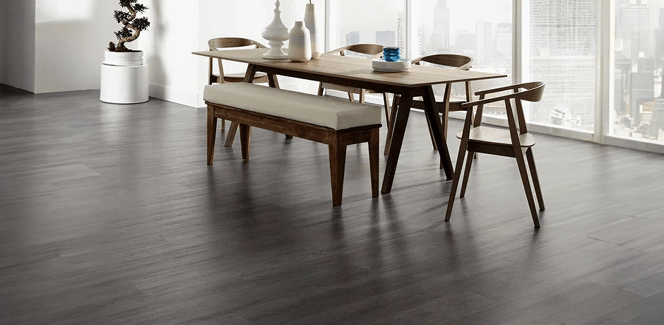 Dark wood vinyl flooring in dining room