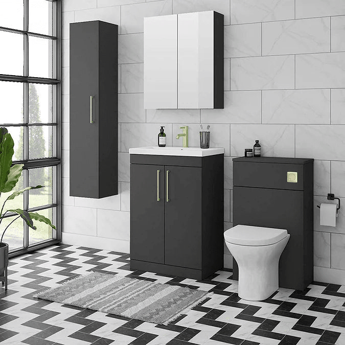 Black bathroom furniture against white tiled wall