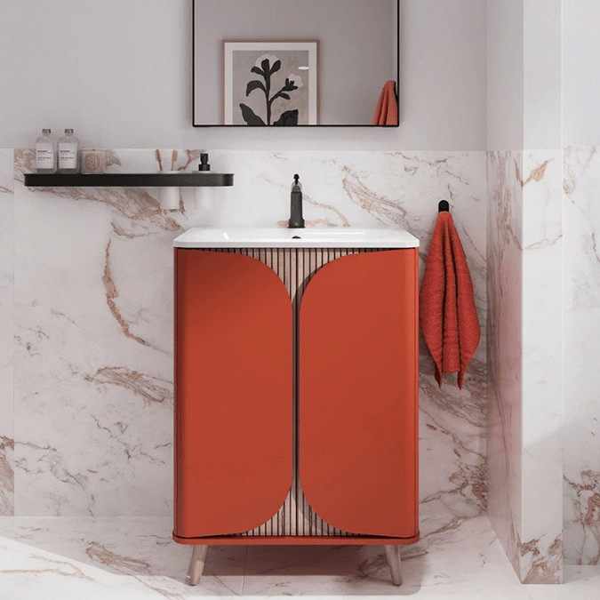 Orange and wood effect vanity unit