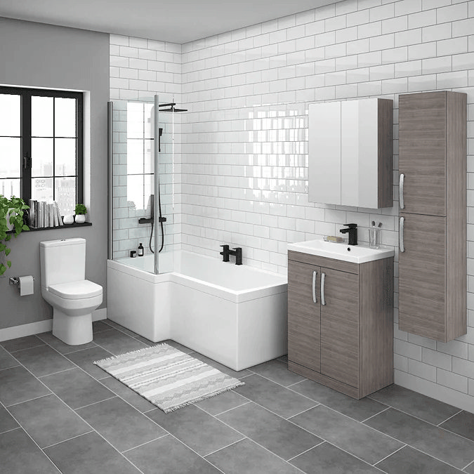 Bathroom with grey furniture