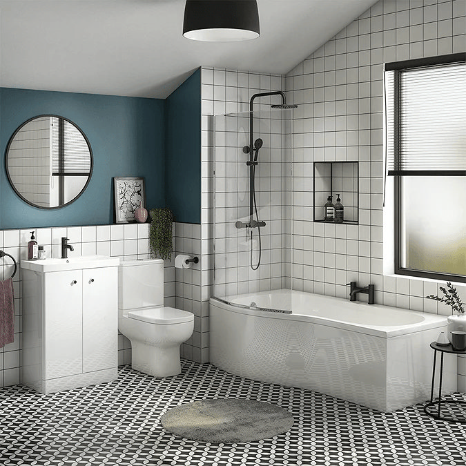 Large bathroom with shower bath and black accents