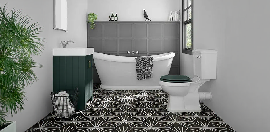 Black and white tiles in long bathroom