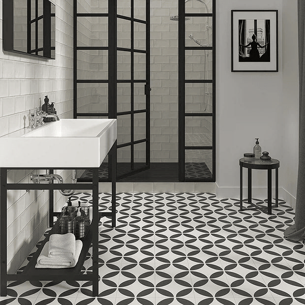 Patterned Black and White Floor Tiles in Bathroom 
