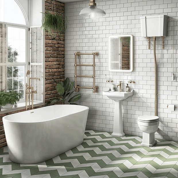 White brick effect wall tiles in contemporary bathroom with white and green tiles