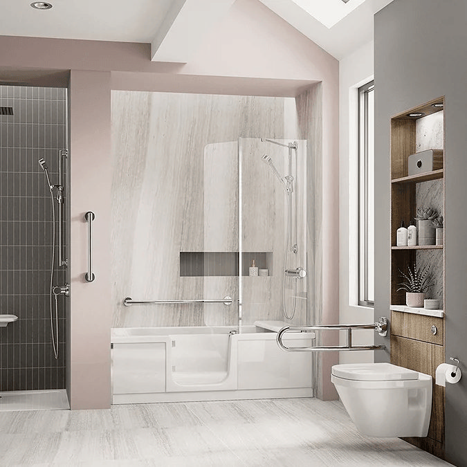 Pink and grey bathroom with walk in bath and chrome grab rails and wall hung toilet