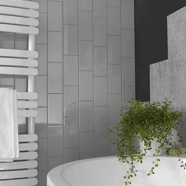 Grey brick effect wall tiles with plant