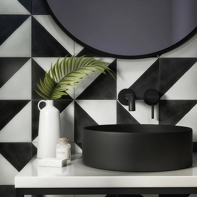 Black and white geometric tiles with black basin