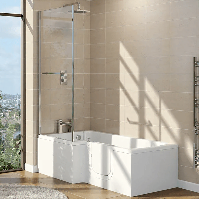 Walk in shower bath with cream tiles