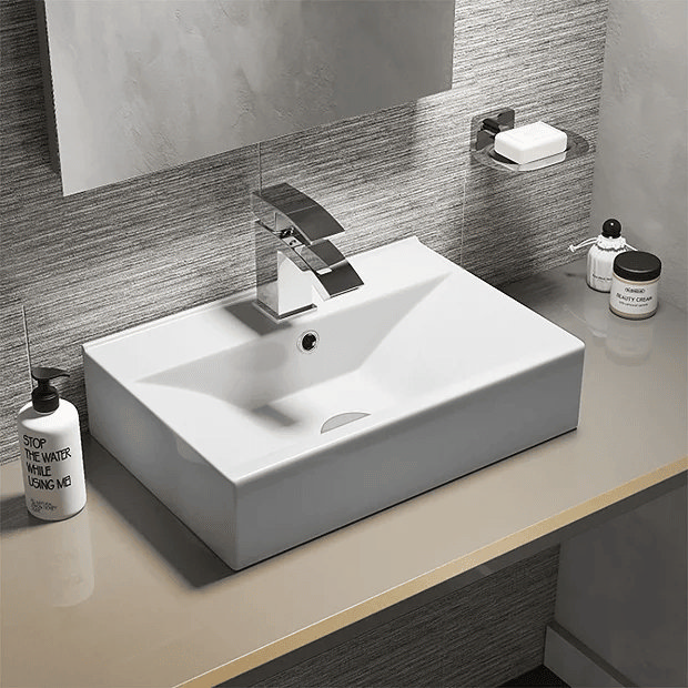 Square countertop basin on grey counter