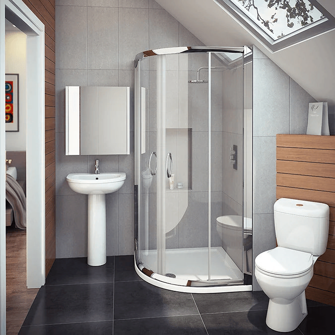 Small bathroom with sloping ceiling and quadrant shower