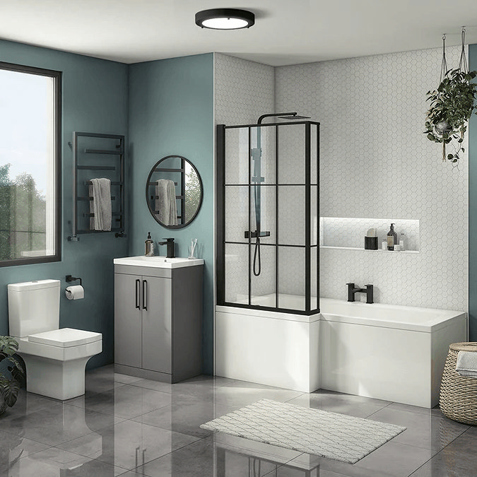 large bathroom with grey vanity and black accents