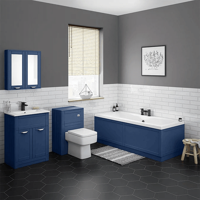 Grey bathroom with blue furniture