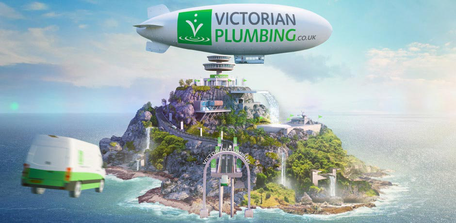 Victorian Plumbing Advert Poster with Blimp and Island 