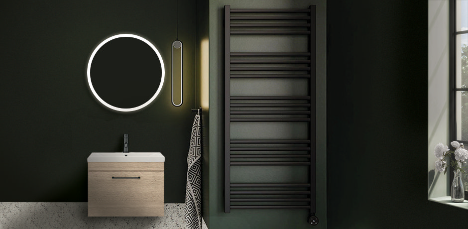 Green Bathroom with Black Heated Towel Rail 