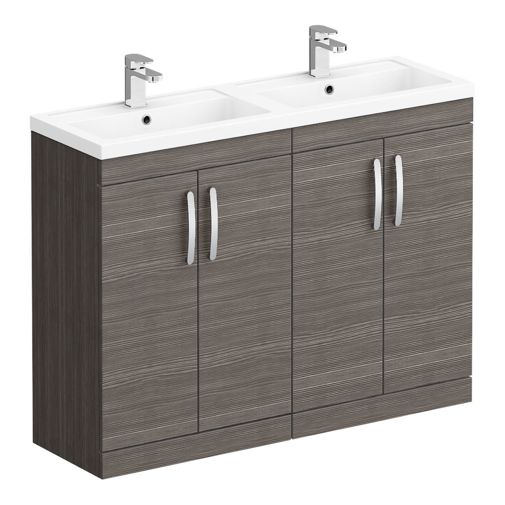 Grey double vanity unit with chrome handles and taps