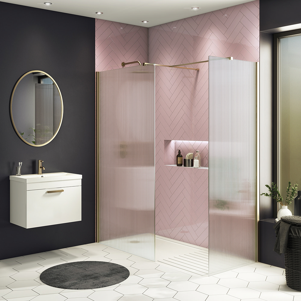 Arezzo Fluted Glass Brushed Brass Profile Wetroom Screen + Square Support Arm