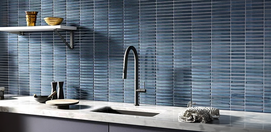 kitchen with blue tiled wall 