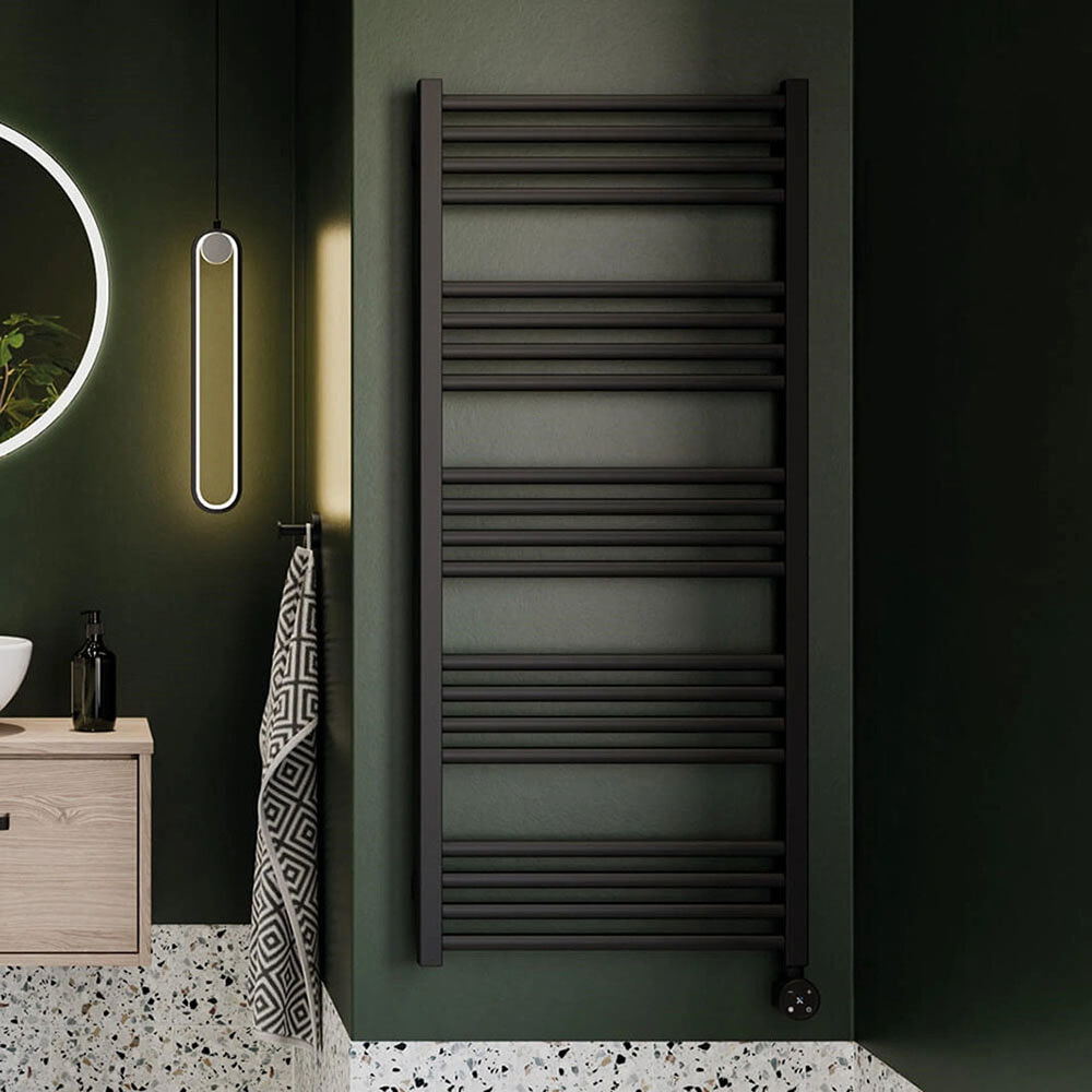 Green bathroom black heated towel rail 