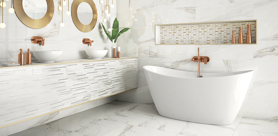 Marble Bathroom With Rose Gold Accessories
