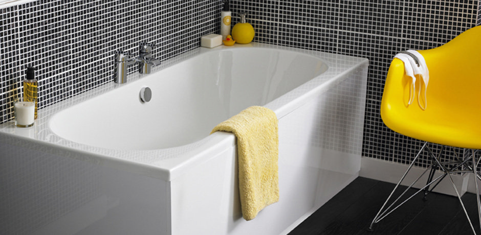 White And Grey Bathroom With Yellow Accessories 