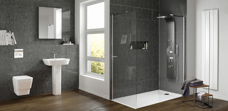 Grey tiled modern minimalist bathroom