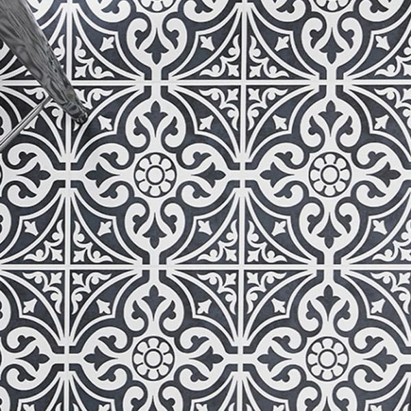 black patterned wall and floor bathroom tiles 