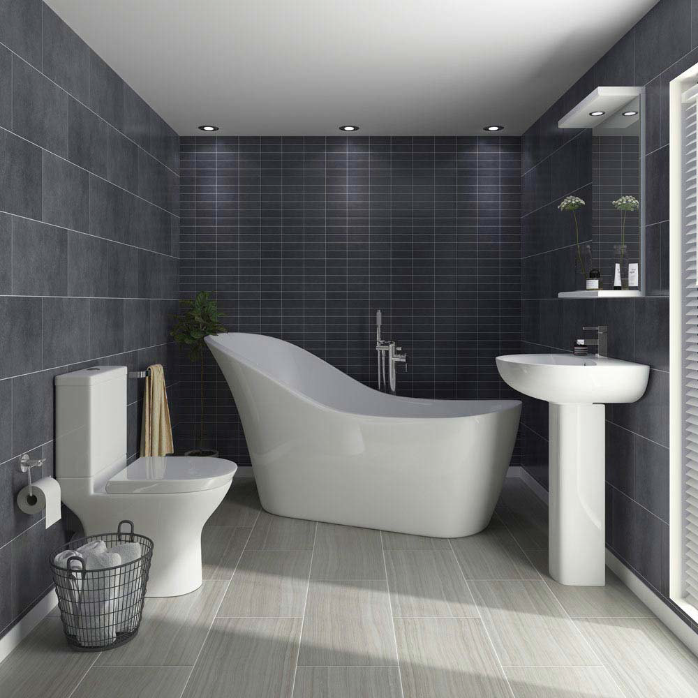 dark grey bathroom with freestanding bath
