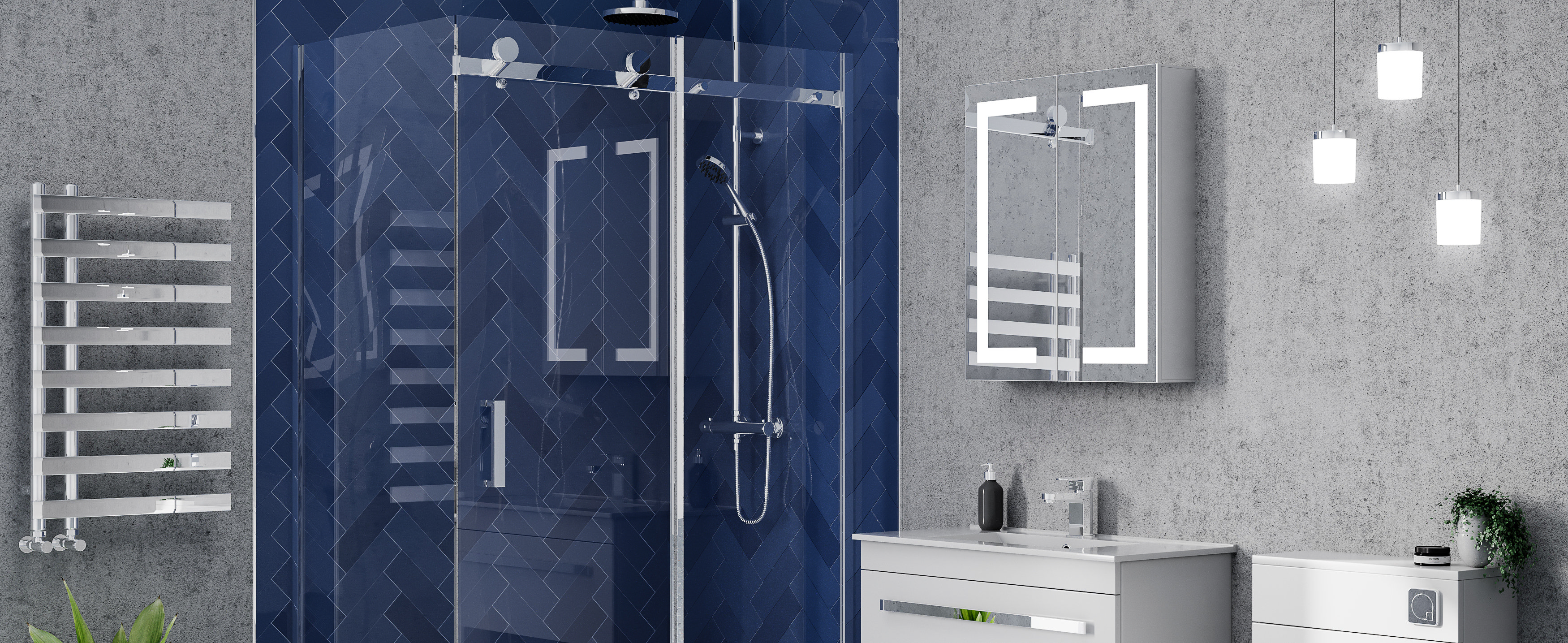 Modern bathroom with a teal herringbone tiled shower enclosure featuring black framed glass doors and minimalist accents.